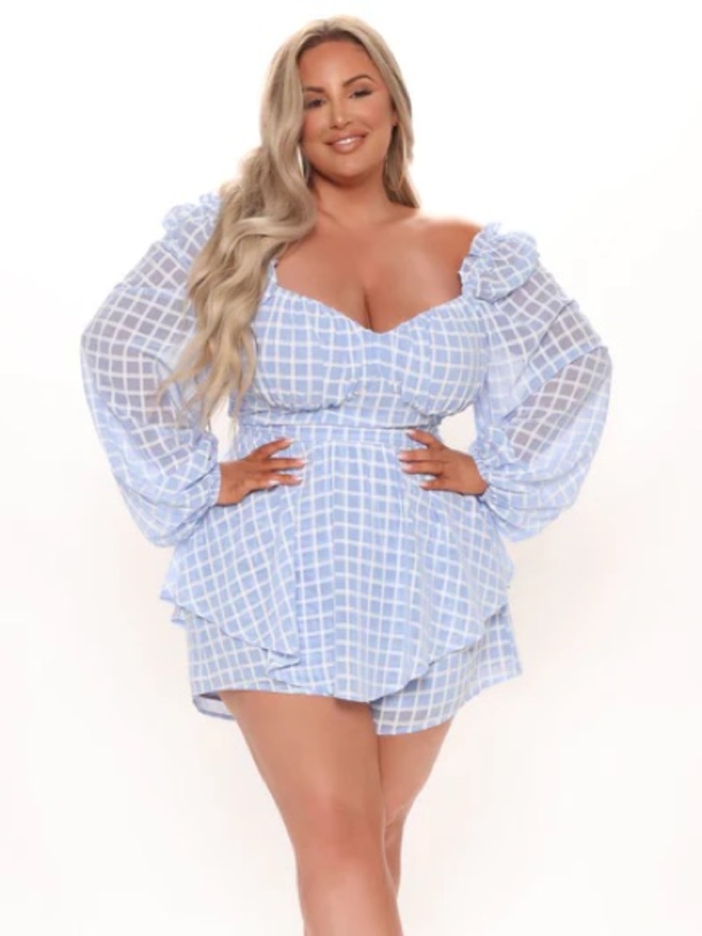 Fashion Nova Light Blue & White Check Ruffle Romper